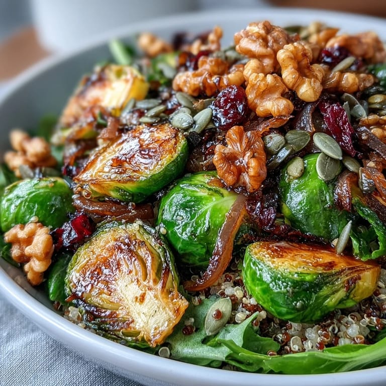 Savory, caramelized Brussels sprouts served over wholesome quinoa, finished with a sweet and tangy balsamic glaze for a satisfying plant-based meal.