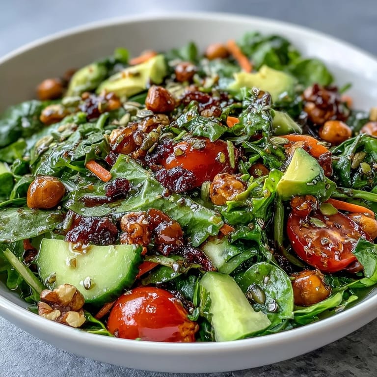 Layered Mixed Greens Power Bowl with crisp lettuce, cherry tomatoes, cucumber, and toasted pumpkin seeds.