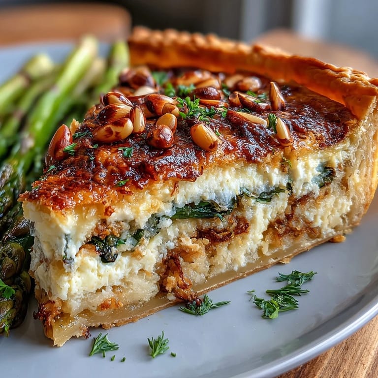 Golden puff pastry crust layered with rich Gruyère, crème fraîche, and crisp asparagus spears, garnished with chives and pine nuts for a delightful spring tart.