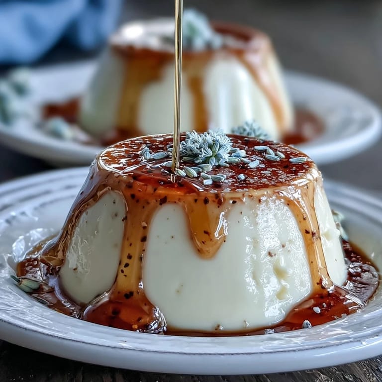 Creamy Italian dessert featuring lavender-infused panna cotta topped with fresh berries and edible flowers for a spring celebration.