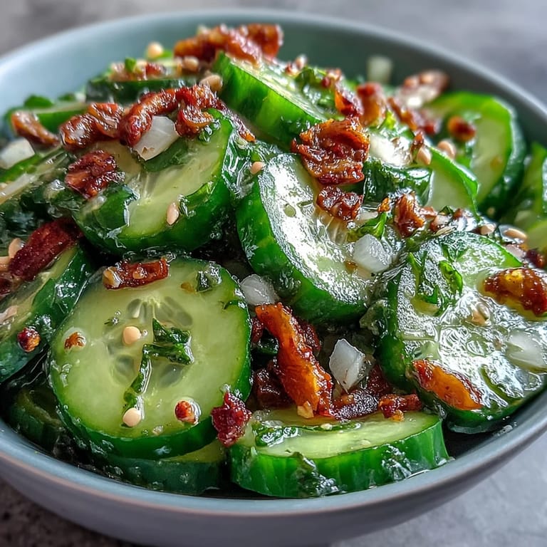 Crunchy cucumbers tossed with spicy garlic chili oil and fresh scallions for a zesty bite.