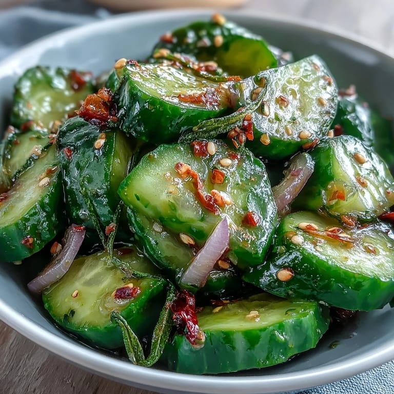 Refreshing smashed cucumber salad drizzled with toasted sesame and chili oil, perfect as a light appetizer.