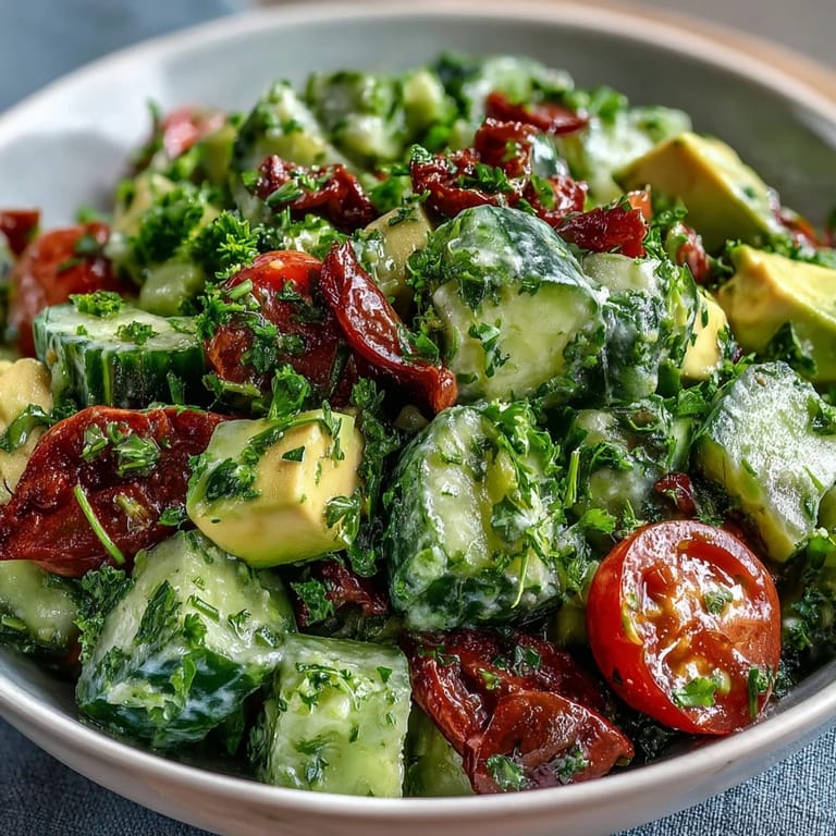 Zesty lemon dressing drizzled over crisp cucumber, juicy tomatoes, and creamy avocado for a refreshing summer salad side dish.  
