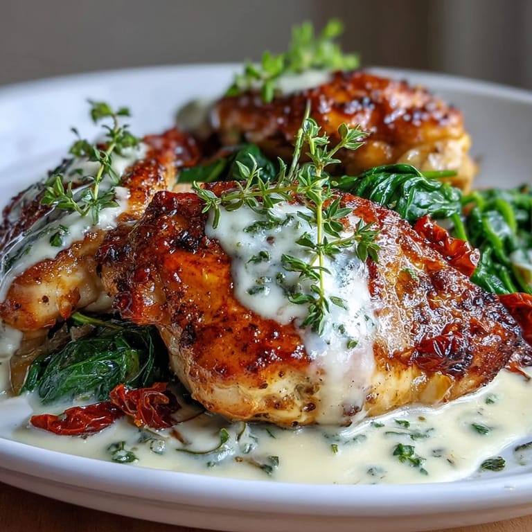 Golden-seared chicken breasts in a creamy Tuscan sauce with sun-dried tomatoes, spinach, and fresh basil for a cozy dinner.