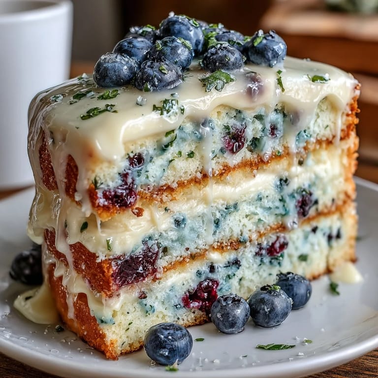 2. Moist lemon blueberry cake layers bursting with fresh berries, topped with luscious lemon cream cheese frosting and vibrant lemon zest curls.