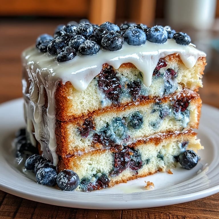 3. Vibrant spring birthday cake featuring tender lemon blueberry layers, creamy lemon frosting, and a fresh blueberry garnish for a cheerful dessert.
