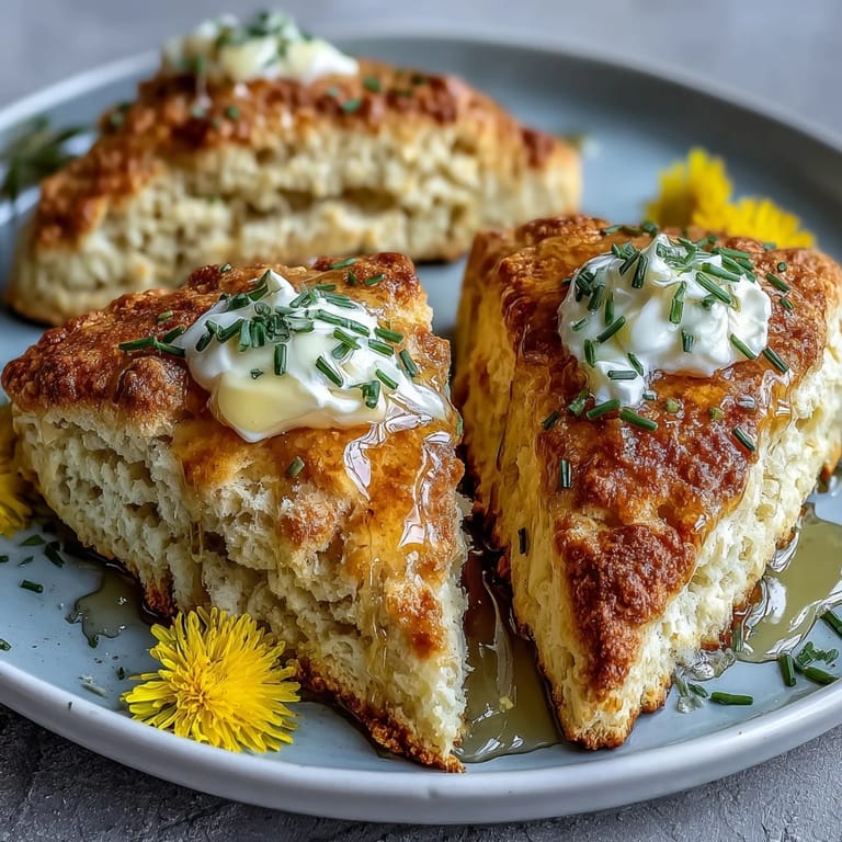 Golden scones with a tender crumb, drizzled with honey and topped with fresh dandelion petals, perfect alongside clotted cream.