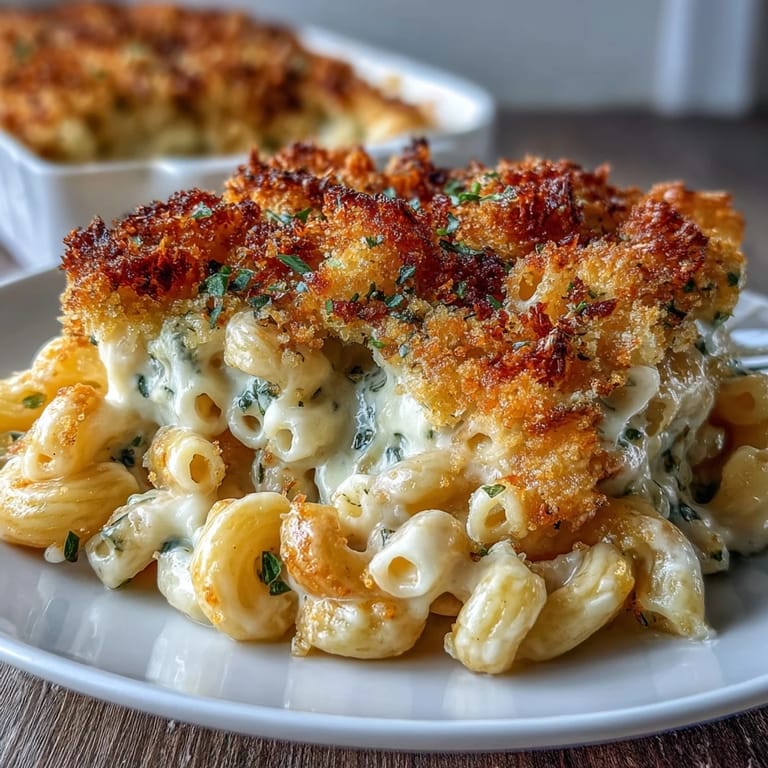 Velvety mac and cheese bake featuring tender elbow pasta in a smooth, cheesy sauce, crowned with crunchy breadcrumbs.