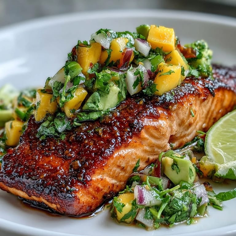 Oven-baked salmon paired with a tropical mango avocado salsa, ideal for a nutritious weeknight dinner.