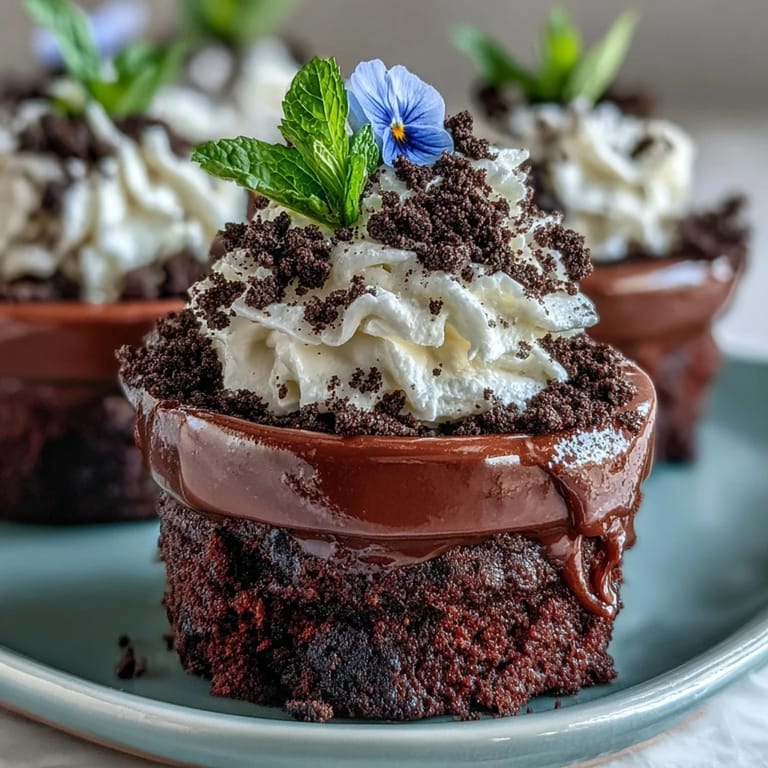 Rich chocolate brownies with creamy "soil" and floral decorations in pots.