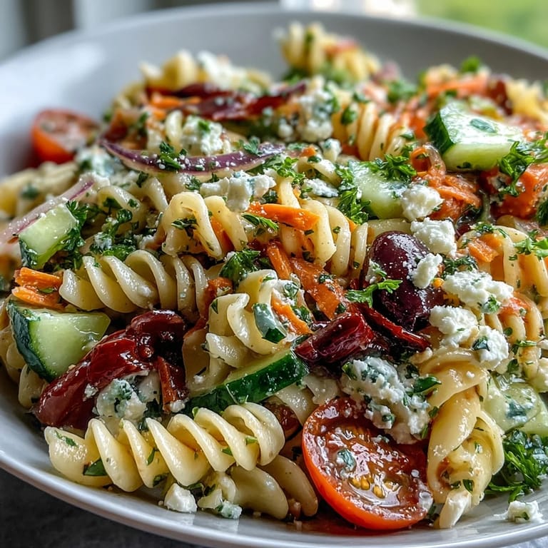 Vibrant Memorial Day pasta salad, perfect for summer picnics with zesty dressing.