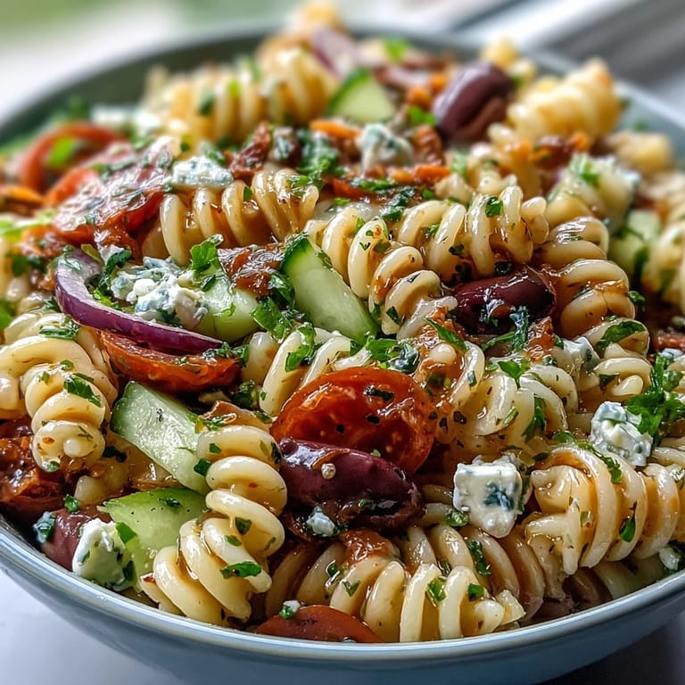 Chilled Memorial Day pasta salad featuring crisp vegetables and a light dressing.