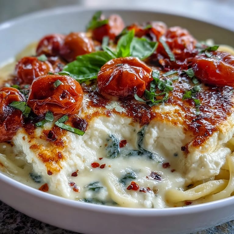 Melted feta pasta, studded with juicy tomatoes and bright basil leaves.