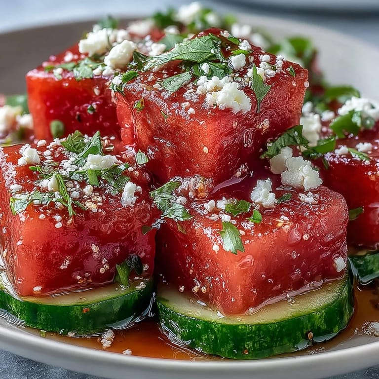 Bright watermelon cucumber salad with Tajin, lime, and cilantro, ideal for picnics.