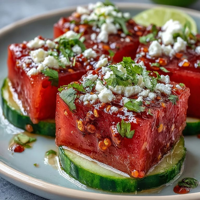 Refreshing summer salad: Watermelon, cucumber, Tajin, lime, and cilantro sparkle brightly.