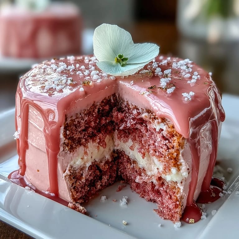 Decadent Rosé Velvet Cake, perfectly frosted and adorned with elegant edible gold.