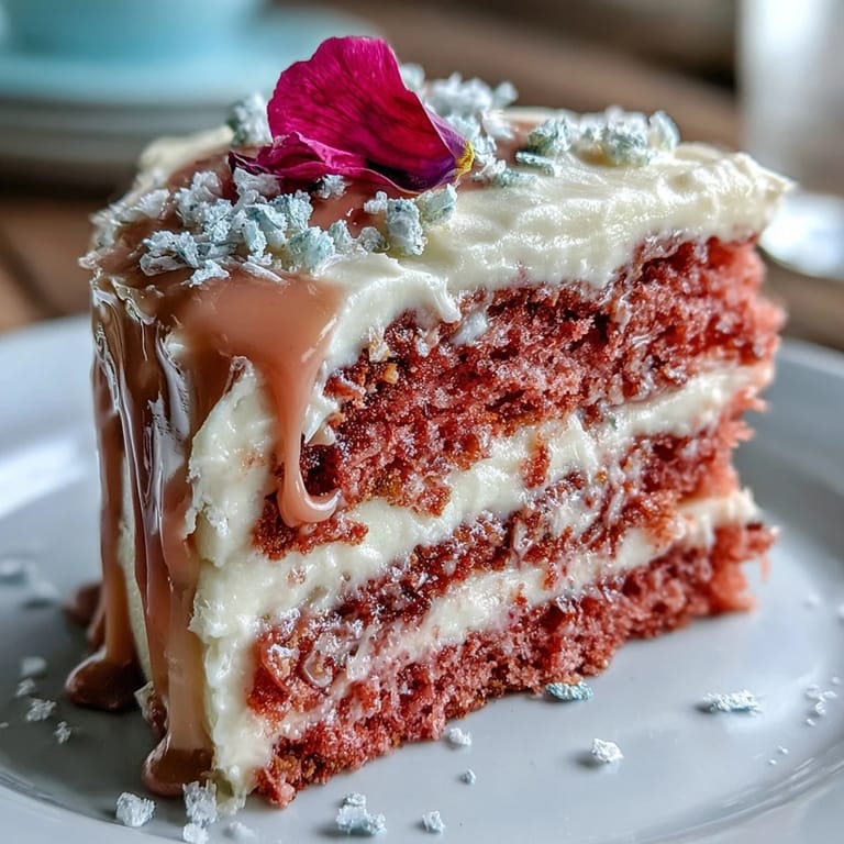Celebrate sweetly with this beautiful Rosé Velvet Cake, topped with cascading gold.
