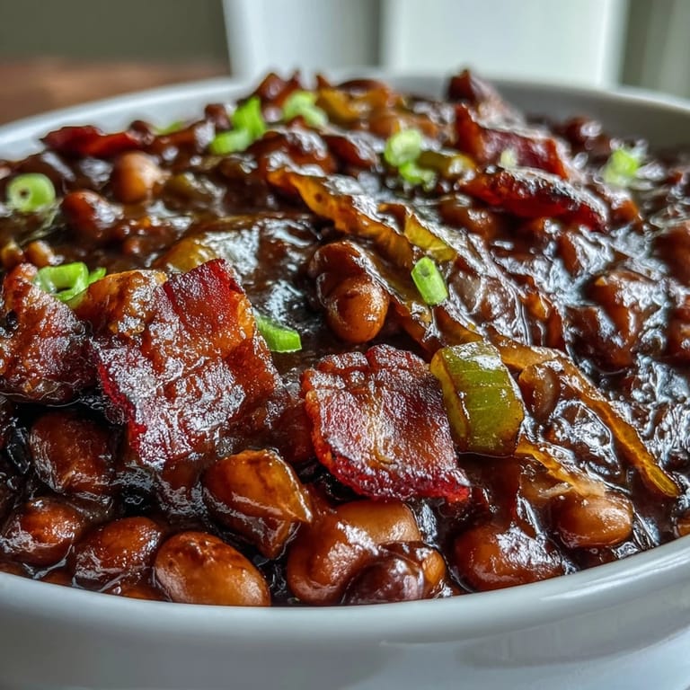 Serving these Juneteenth BBQ Baked Beans, glistening with molasses and bacon.