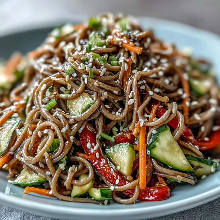 Chilled soba noodle salad, a colorful summer dish, glistening with savory ginger dressing.