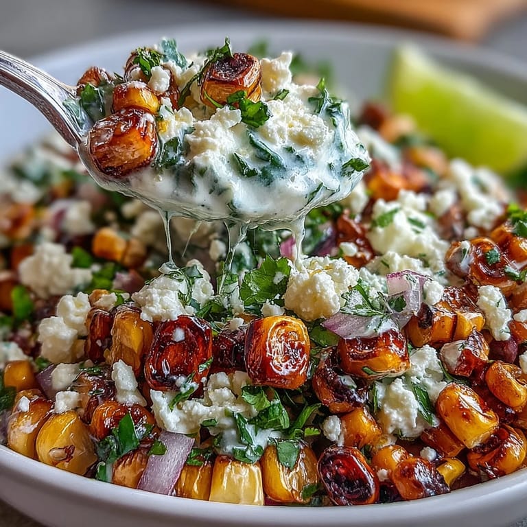 Beautiful Mexican Street Corn Salad, topped with crumbly cotija cheese.