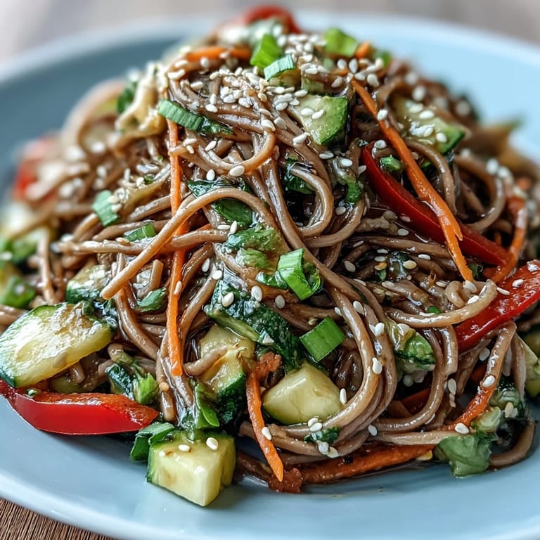 Refreshing cold soba noodle salad bowl brimming with crisp vegetables and toasted sesame.