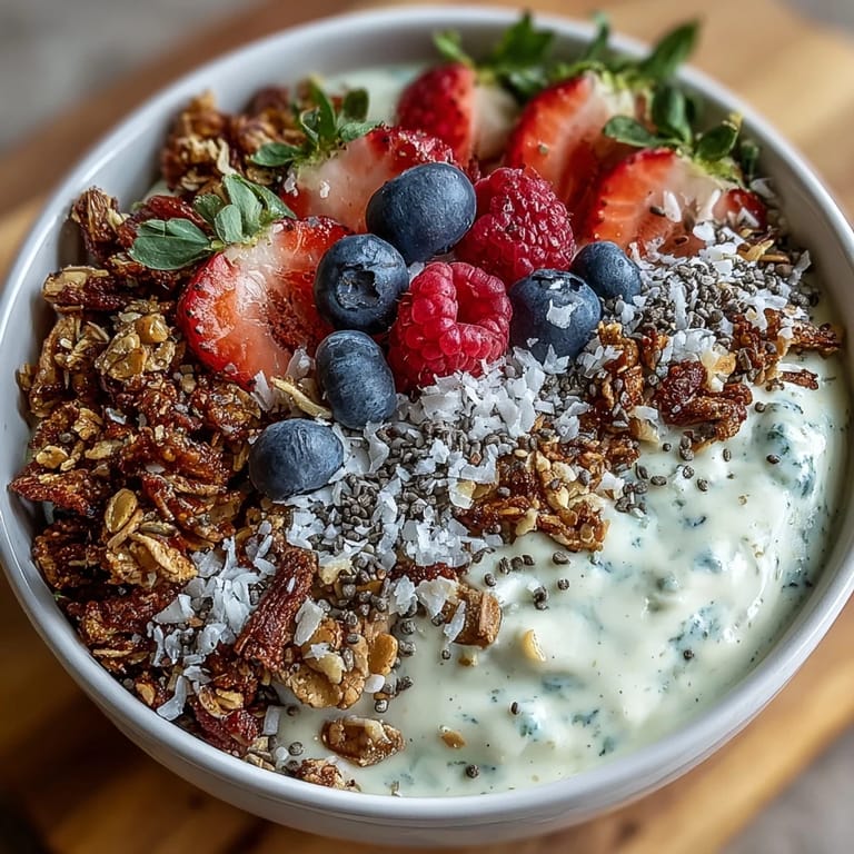 Creamy skyr protein smoothie bowl bursting with fresh berries and granola goodness.