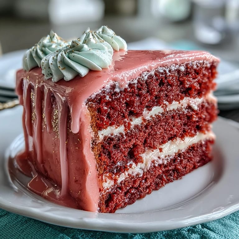 Slice of Bridal Shower Rosé Velvet Cake showing soft crumb and golden glaze.