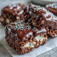 Freshly cut Chocolate Covered Rice Krispy Treats displaying a thick, glossy chocolate layer studded with rainbow sprinkles on a bed of crispy cereal bars.