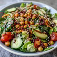 Vibrant Mixed Greens Power Bowl with chickpeas, avocado, and crunchy walnuts, dressed in zesty lemon vinaigrette.