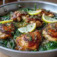 One-Pot Lemon Orzo with Chicken and Spinach in a creamy skillet, garnished with fresh herbs and lemon slices.