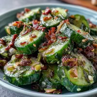 A vibrant smashed cucumber salad glistening with garlicky chili oil and sesame dressing.
