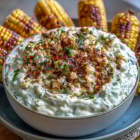 A creamy elote dip with charred corn, cotija cheese, and lime, served with crispy tortilla chips for dipping.