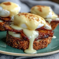 Classic Eggs Benedict with Hollandaise sauce, poached eggs, Canadian bacon, and toasted English muffins, perfect for a brunch feast.