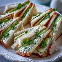 Delicate Mothers Day tea party sandwiches filled with tangy lemon butter and crisp cucumber slices.