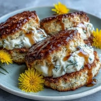 Delicate honey scones studded with bright dandelion petals, served warm with rich clotted cream for a floral spring brunch.