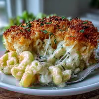 Creamy baked macaroni and cheese with a golden panko topping, bubbling with rich cheddar and Gruyère sauce.