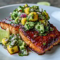 Baked salmon fillets topped with vibrant mango avocado salsa, a healthy and colorful summer dinner.  