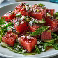 Vibrant Watermelon and Arugula Salad with juicy watermelon, peppery greens, and creamy feta in a tangy lime dressing.