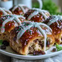 Soft, spiced Hot Cross Buns with Orange Glaze, studded with currants and topped with fragrant citrus icing.  