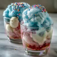 A refreshing Cotton Candy Lemonade Float with vanilla ice cream, cotton candy swirls, and lemon garnish in a sprinkle-rimmed glass.