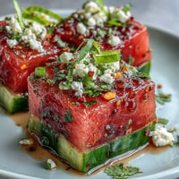 Juicy watermelon and crisp cucumber salad, seasoned with zesty Tajin and lime.