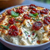 Creamy baked feta pasta with burst cherry tomatoes and fresh basil.