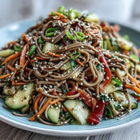 Cold Soba Noodle Salad with bright julienned veggies and zesty sesame-ginger dressing.