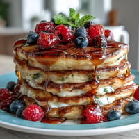 Golden Icelandic Skyr Pancakes stacked high, topped with berries and syrup.